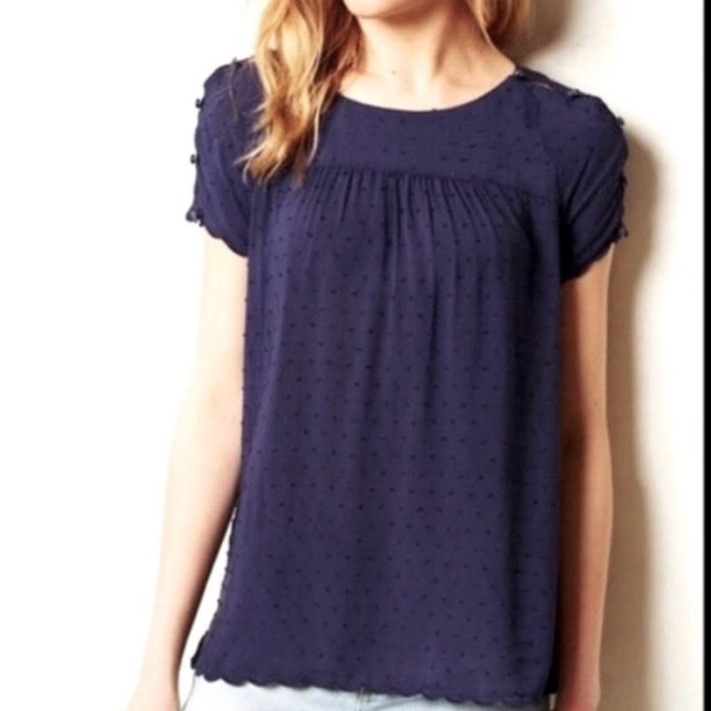 Anthropologie | Maeve Blue Swiss Dot Top w Short Split Sleeves w Button Detail